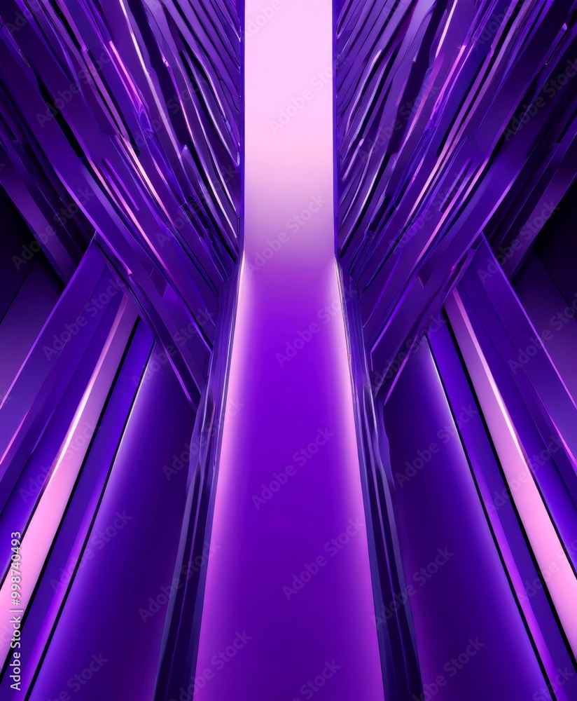 Poster a purple corridor with a central pillar and a series of intersecting lines on either side, creating a sense of depth and perspective
