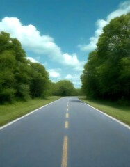 Fototapeta premium A long, straight road stretches out into the distance, flanked by lush green trees on both sides The sky above is a clear blue, dotted with fluffy white clouds
