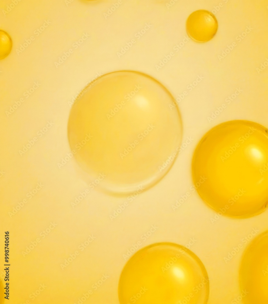 Poster a close-up view yellow liquid, possibly oil or vinegar, with small bubbles or droplets scattered thr