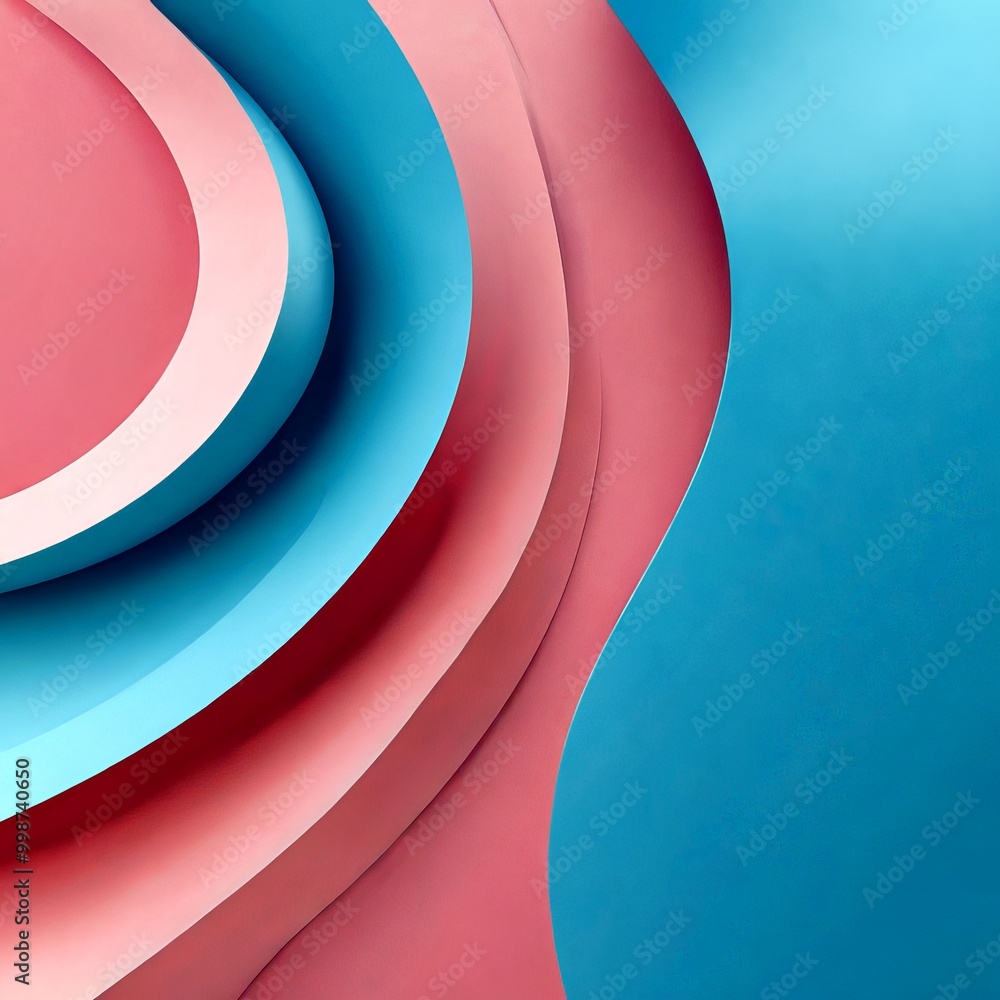 Poster a vibrant abstract composition of overlapping curved shapes in pink and blue, creating a dynamic and visually striking pattern