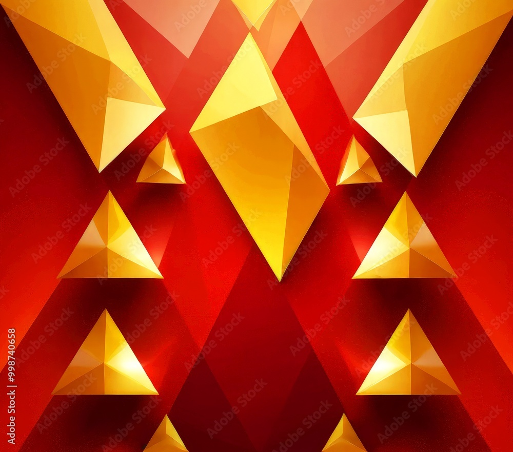Poster a vibrant geometric pattern composed of numerous golden triangles arranged in a symmetrical and repe