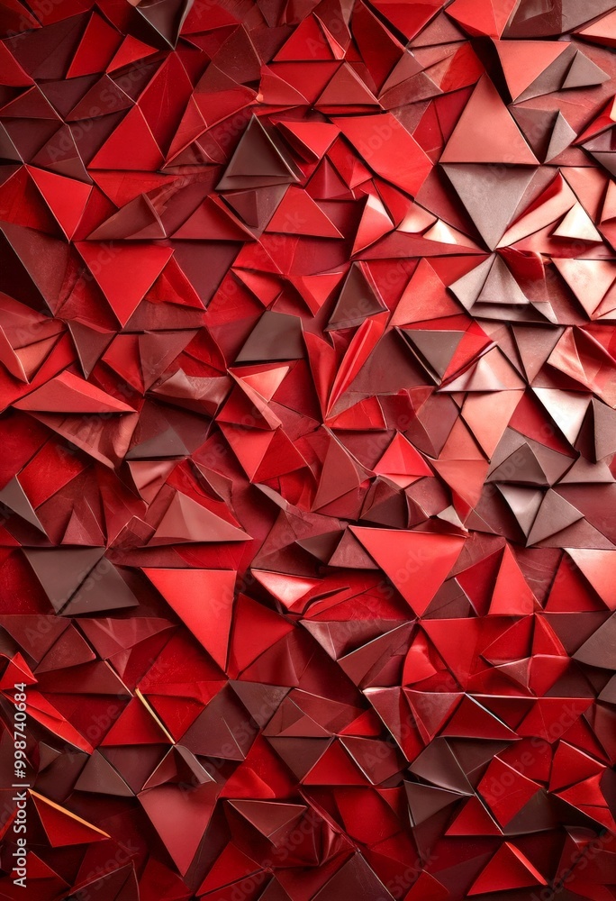 Poster a close-up view red and brown geometric pattern composed of numerous overlapping triangular shapes, creating a visually striking and textured composition