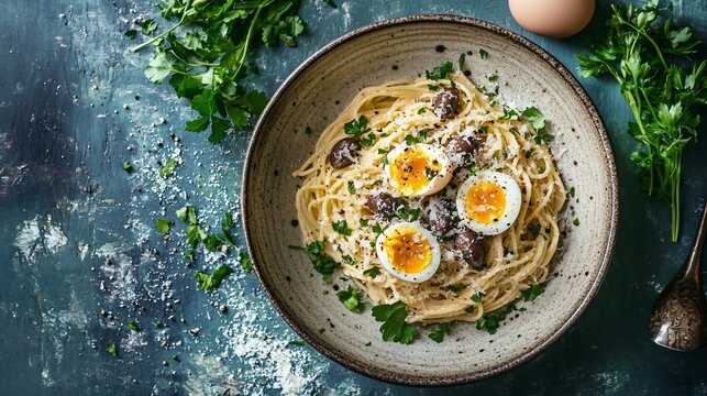 A modern food photography scene with quail eggs cracked open over a bowl of pasta, topped with Parmesan and fresh herbs