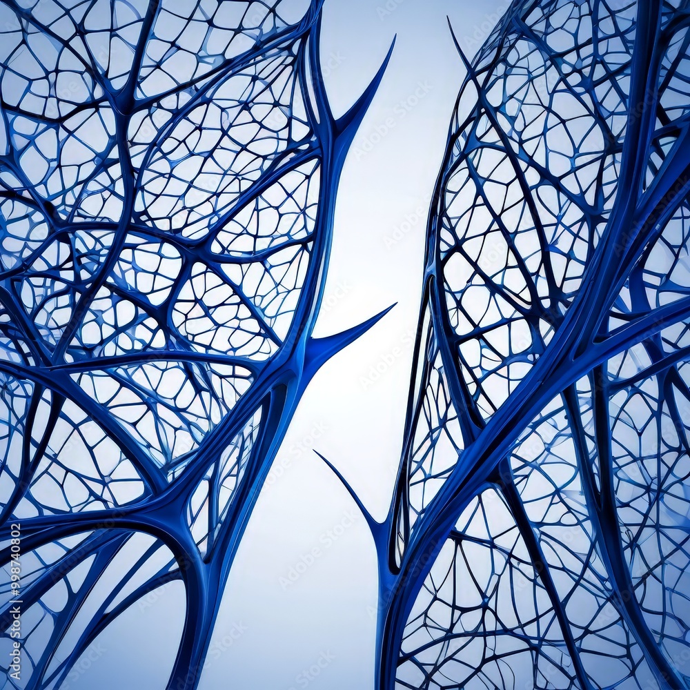 Poster a complex, abstract blue structure composed of numerous interconnected lines and curves, creating a sense of depth and complexity