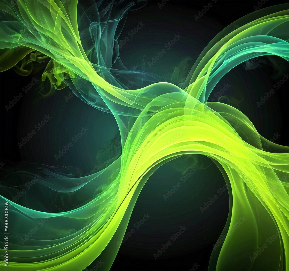 Poster a dynamic, abstract representation of green and black smoke or vapor, with the colors swirling and o