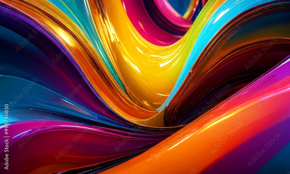 Poster a vibrant abstract composition of overlapping curved lines in a variety of bright colors, including 