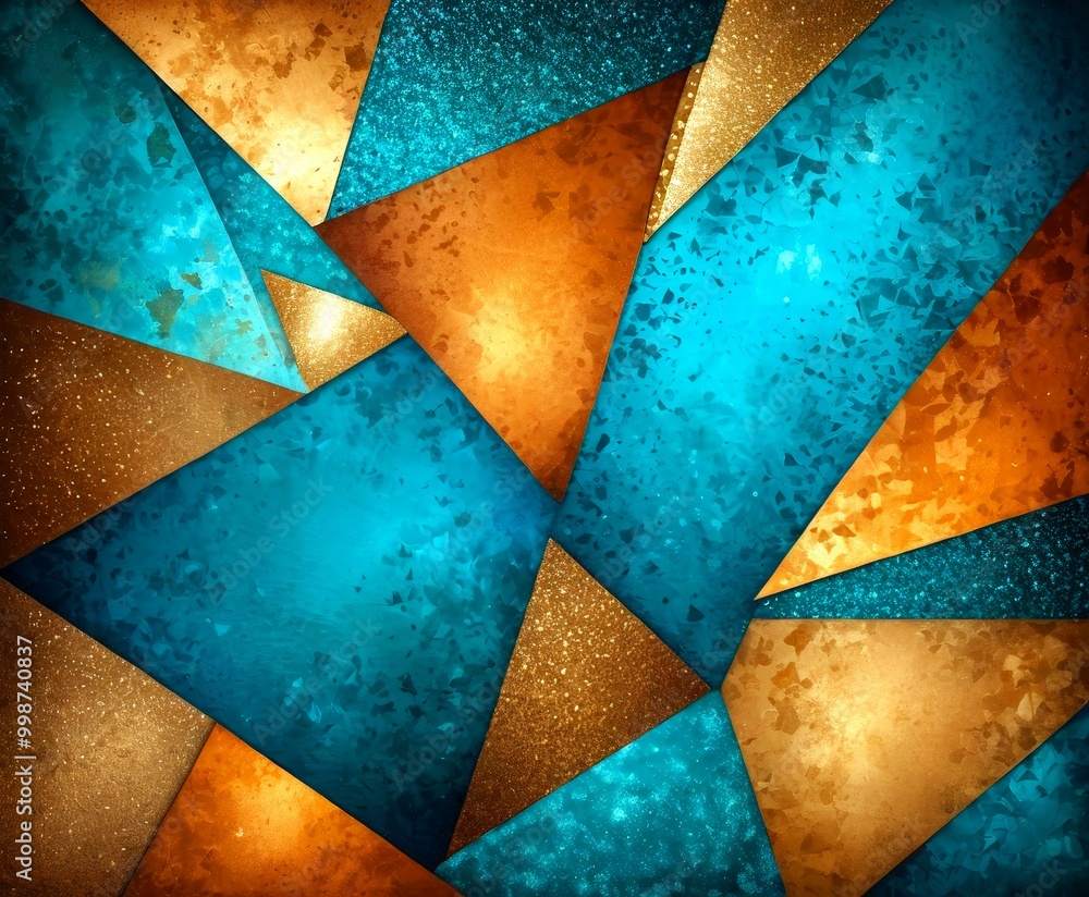 Poster a vibrant abstract composition of overlapping triangular shapes in various shades of blue, gold, and orange, creating a dynamic and visually striking pattern