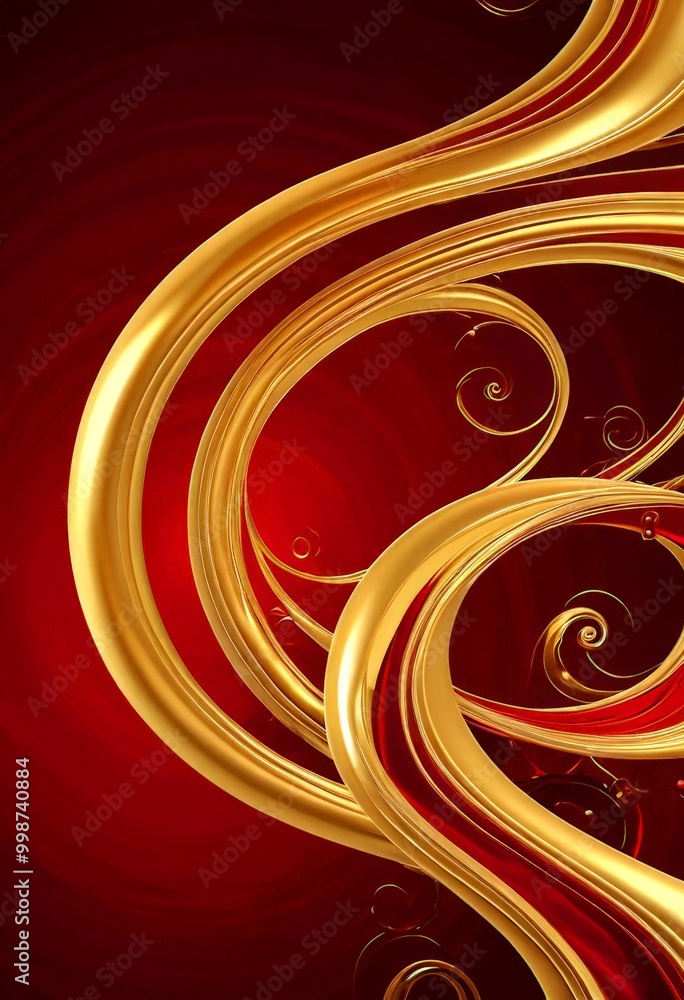 Poster a striking abstract composition of golden swirls and curves against a deep red background
