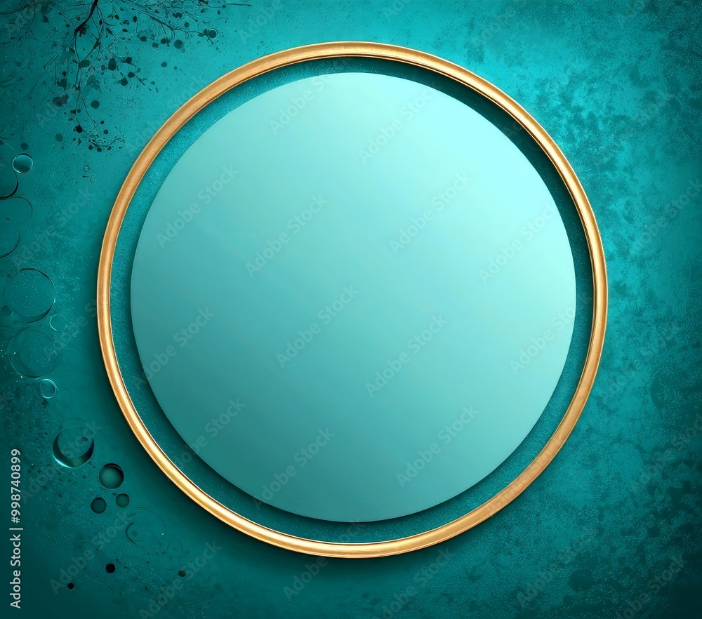 Poster a round, empty frame with a gold border is centered against a dark teal background with scattered bl