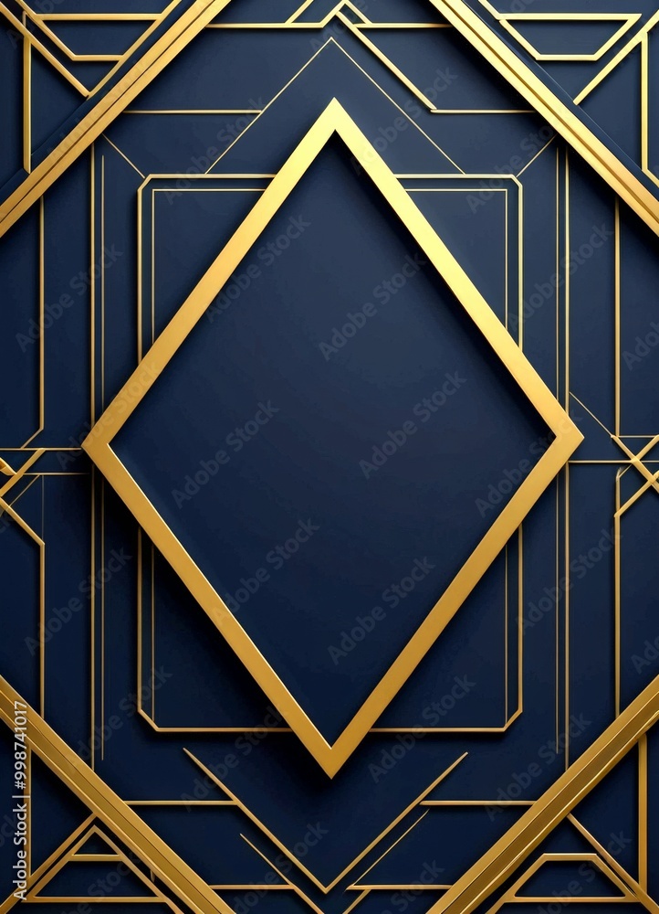 Aufkleber a dark blue background with a geometric pattern of intersecting gold lines and a central diamond-shaped frame