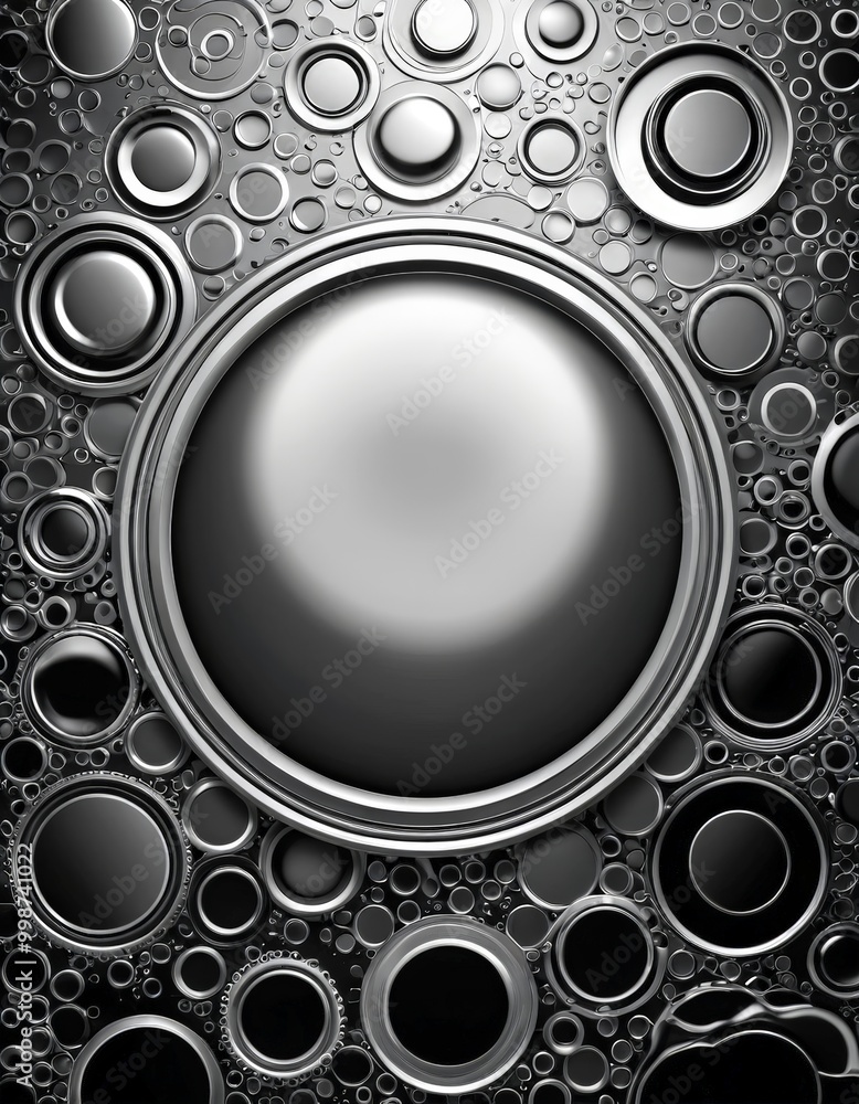 Poster a circular pattern composed of various metallic circles in shades of black and gray, creating a visually striking and abstract design