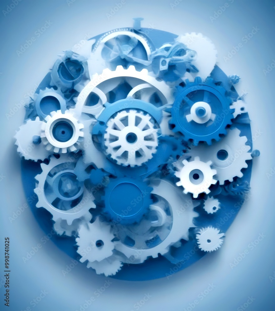 Poster a collection of gears in various shades of blue and white, arranged in a circular pattern against a 