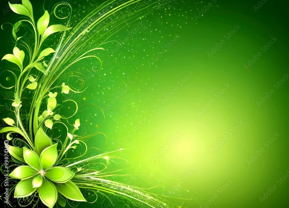 Poster a vibrant green background with a large, stylized flower in the bottom left corner, surrounded by sw