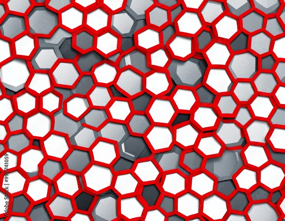 Poster a repeating pattern of red and gray hexagonal shapes, creating a visually striking and geometric design