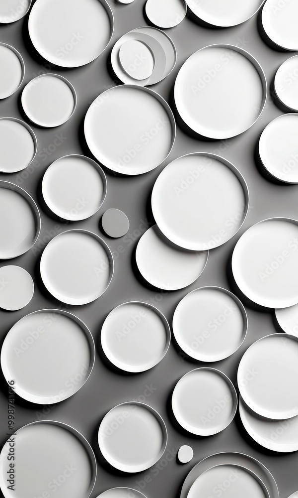 Aufkleber a monochromatic arrangement of white plates and bowls, varying in size and shape, creates a visually