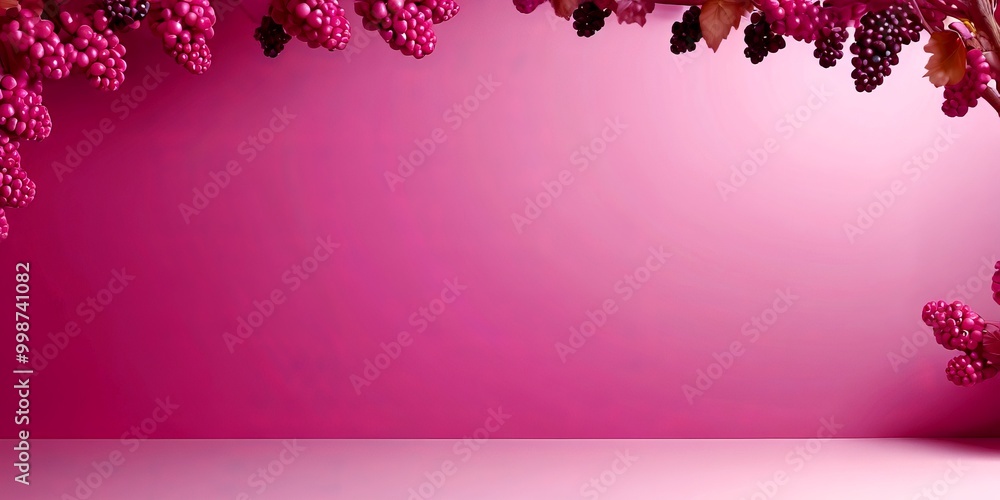 Poster a vibrant pink background with clusters of red and purple grapes hanging from the top left corner