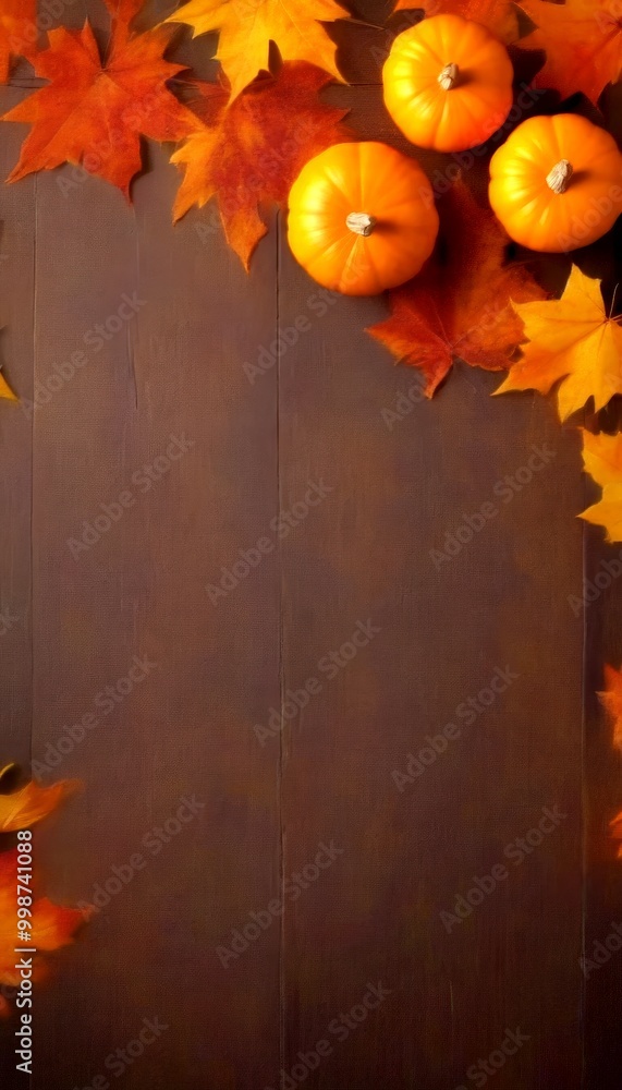 Poster three small pumpkins are arranged in a triangular formation on a dark brown wooden surface, with ora
