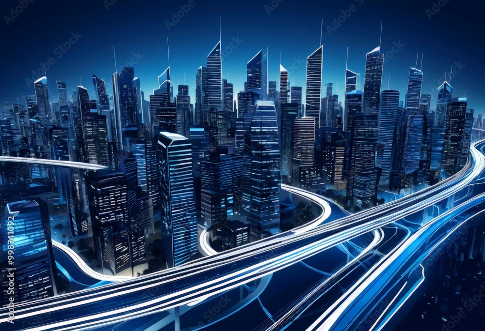 Poster a futuristic cityscape with towering skyscrapers and a complex network of roads and highways, illumi