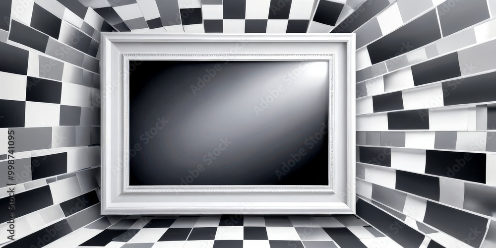 Poster a white picture frame is centered in a room with a checkered floor and a tiled wall, creating a visu