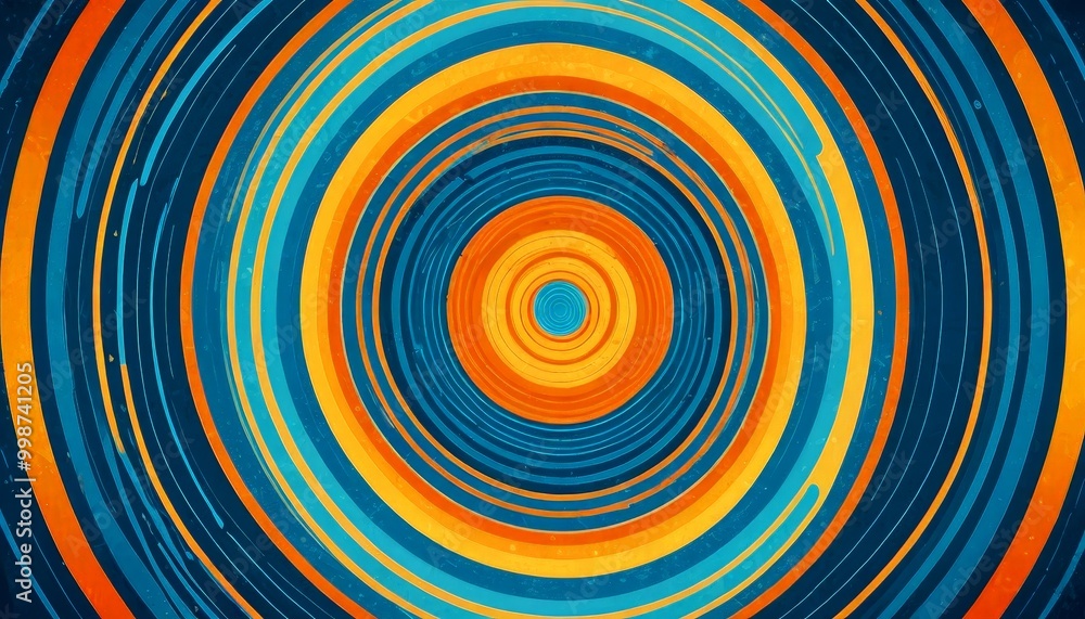 Poster a vibrant abstract pattern composed of concentric circles in various shades of blue, orange, and yellow, creating a sense of depth and movement
