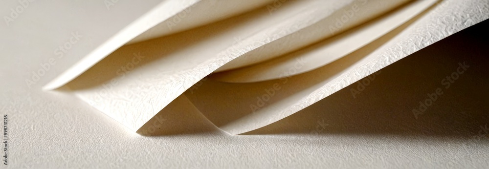 Poster close-up folded white paper, with a subtle texture and a slight curve, against a plain white backgro