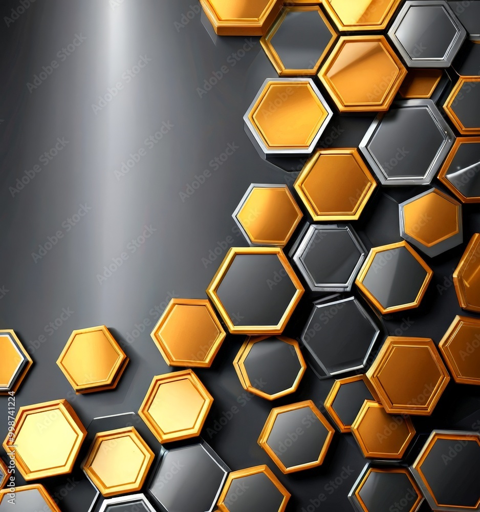 Poster a repeating pattern of hexagonal shapes in varying shades of gold and black, arranged in a diagonal line against a dark background