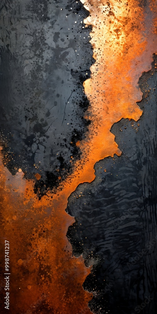 Poster a striking abstract composition of dark and light colors, with splashes of orange and black adding depth and contrast The text 