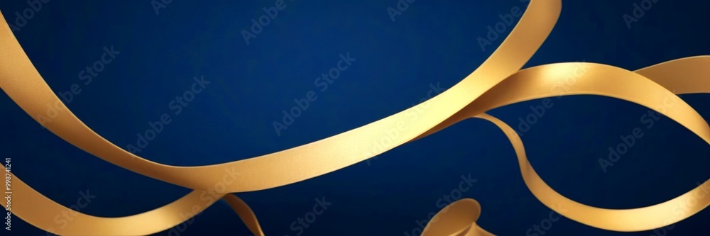 Poster a close-up view of a golden ribbon against a deep blue background. The ribbon appears to be flowing and curving, creating a sense of movement and elegance. The image does