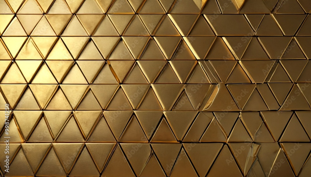 Poster a close-up view gold-colored geometric pattern composed of numerous triangular shapes arranged in a repeating pattern