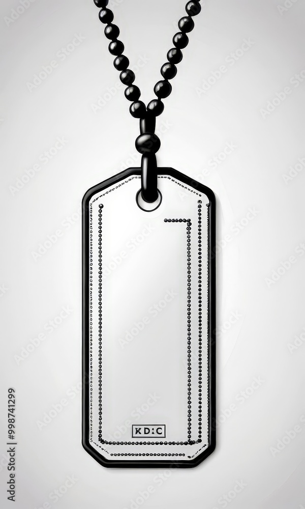 Poster a black and white rectangular tag with a loop at the top, hanging from a chain with beads
