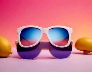 A pair of white sunglasses with blue and purple lenses is displayed against a pink and orange gradient background, with two yellow lemons on either side