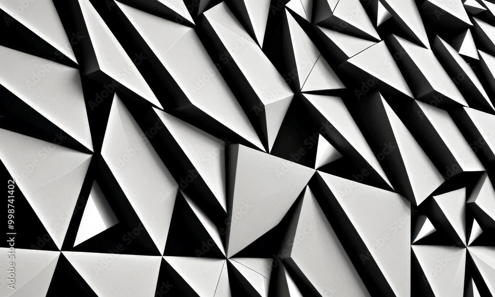 Poster a close-up view geometric pattern composed of numerous triangular shapes, arranged in a repeating pattern The black and white color scheme enhances the visual impact of