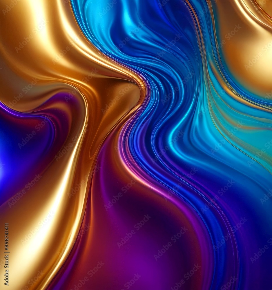 Poster a vibrant abstract pattern with swirling lines and curves in shades of blue, gold, and purple, creating a dynamic and visually striking composition