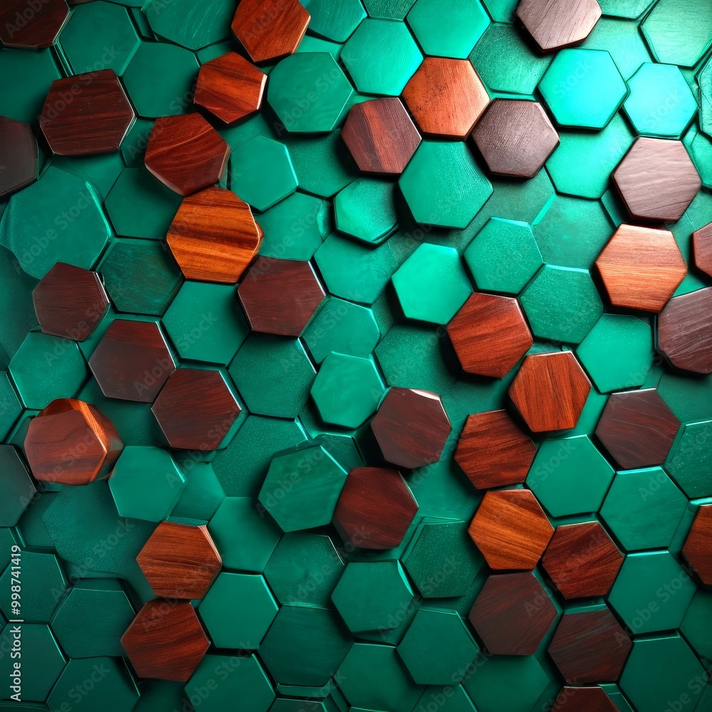 Poster a pattern of hexagonal tiles in various shades of green and brown, arranged in a grid-like fashion