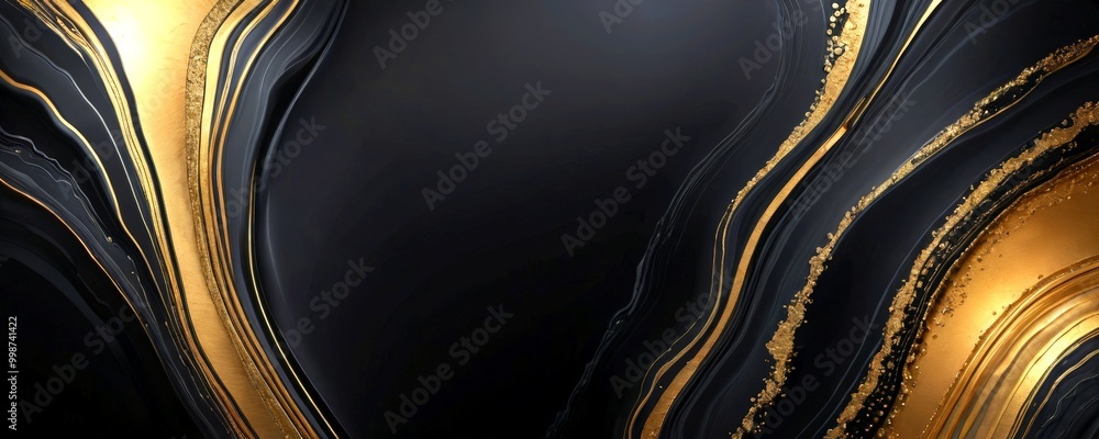 Poster a striking abstract composition of black and gold lines and swirls, creating a sense of movement and dynamism