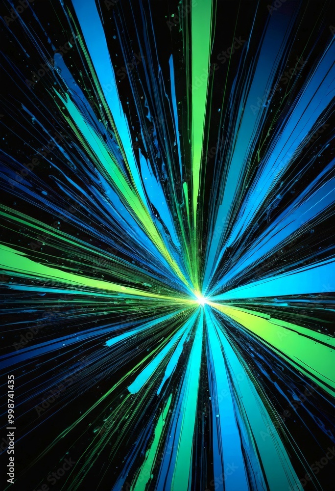 Fototapete a vibrant abstract composition of intersecting lines and rays of light in various shades of blue, green, and yellow, creating a dynamic and energetic visual effect