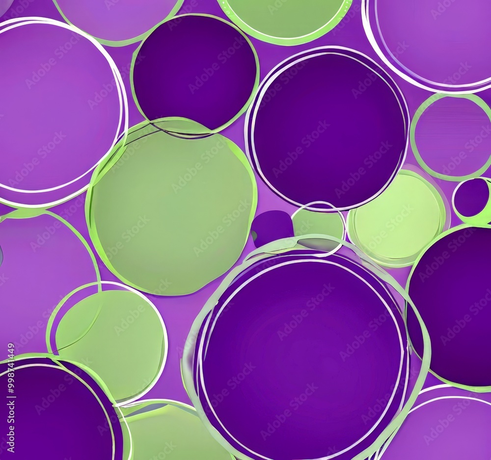 Poster a vibrant abstract composition of overlapping circles in various shades of purple and green, creating a dynamic and visually striking pattern