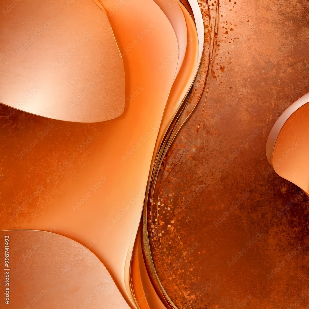 Poster an abstract composition of overlapping shapes and lines in shades of orange and brown, creating a dynamic and visually striking effect