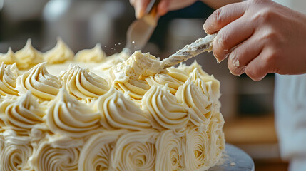 Closeup of White Buttercream Frosting on a Cake