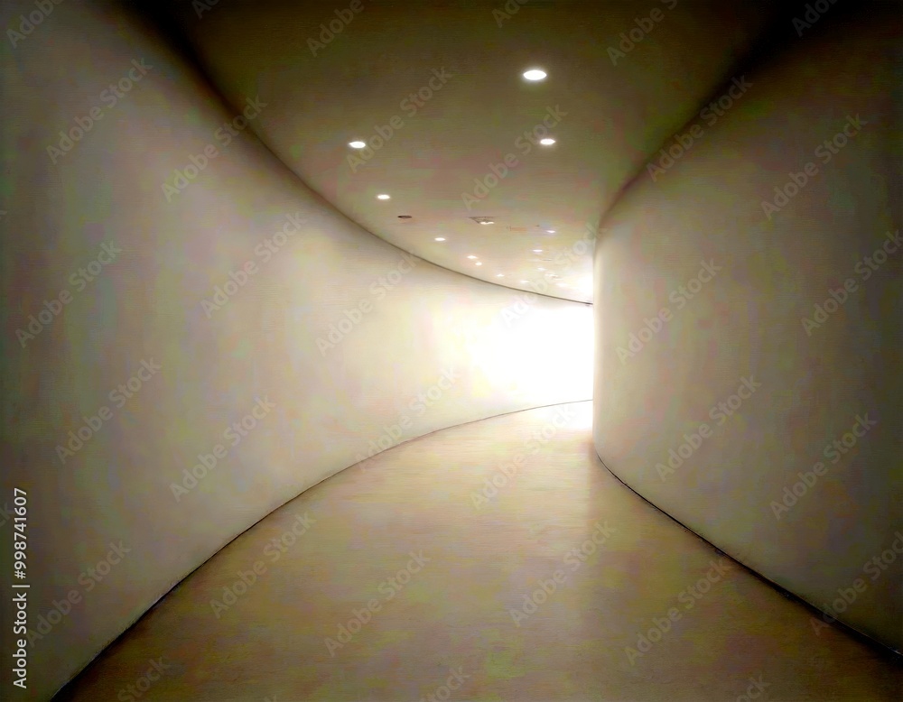 Aufkleber a long, curved white corridor with recessed lighting, creating a sense of depth and space