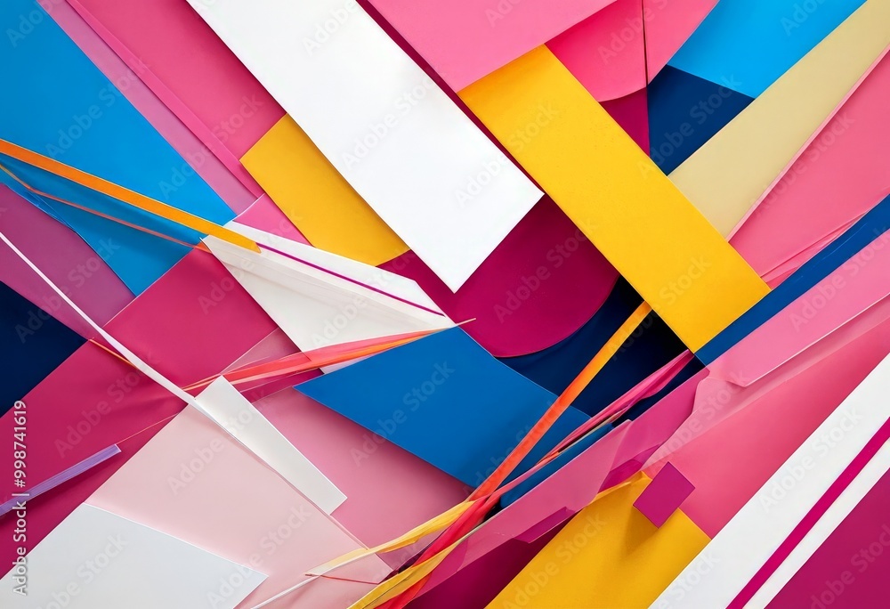 Poster an abstract composition of overlapping and intersecting geometric shapes in various vibrant colors, including pink, blue, yellow, and white
