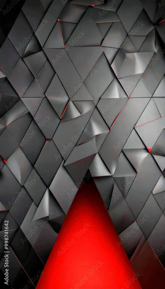 Poster a dark, geometric pattern composed of numerous black triangles arranged in a grid-like fashion, with a red triangle at the bottom center