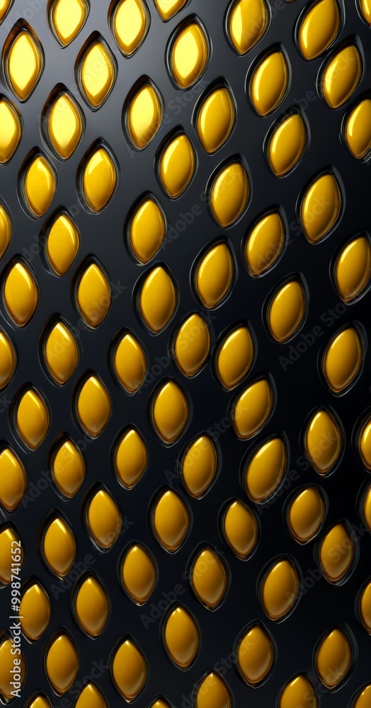 Poster a close-up view black surface with a repeating pattern of gold-colored circles or ovals, creating a visually striking contrast