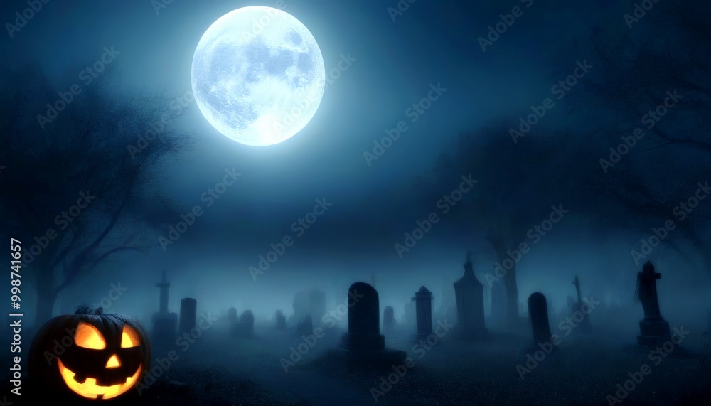 Poster a jack-o'-lantern sits in the foreground, its carved face illuminated by the glow full moon, casting