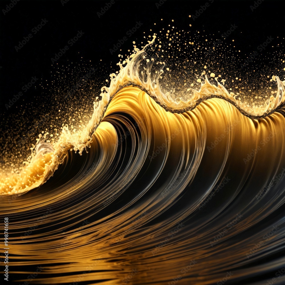 Poster a large, curling wave with a golden hue, creating a striking contrast against the dark background The wave's crest is adorned with numerous small bubbles, adding a sense