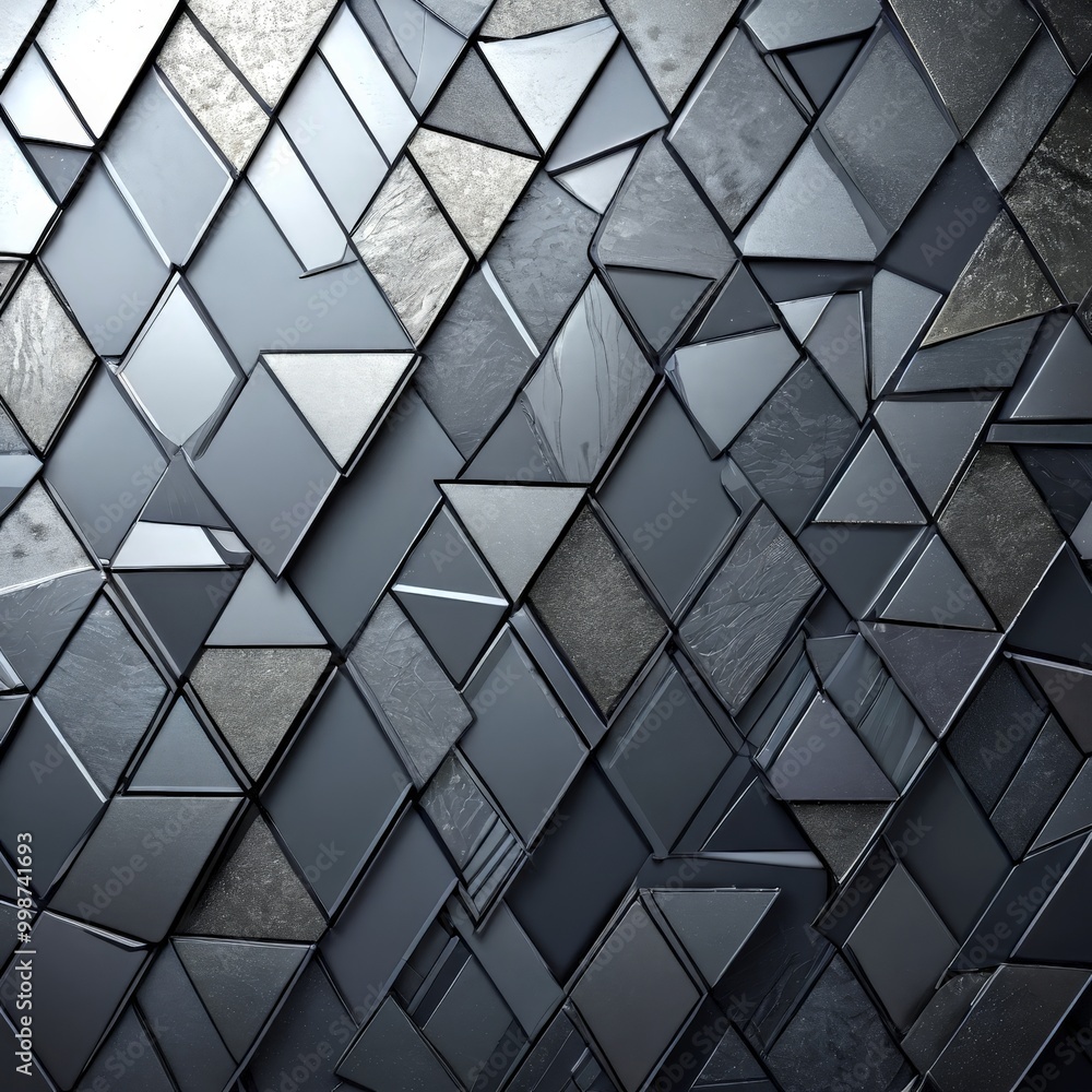 Aufkleber a close-up view wall composed of numerous triangular tiles in varying shades of gray and black, arranged in a diagonal pattern