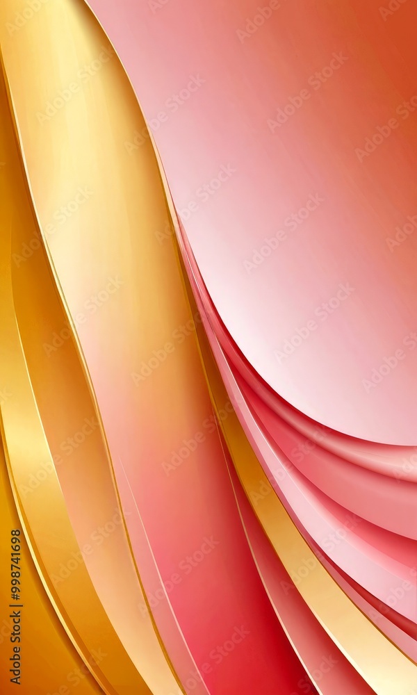 Poster a vibrant abstract composition of overlapping curved lines in shades of pink and gold, creating a dy