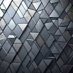 a close-up view wall composed of numerous triangular tiles in varying shades of gray and black, arranged in a diagonal pattern