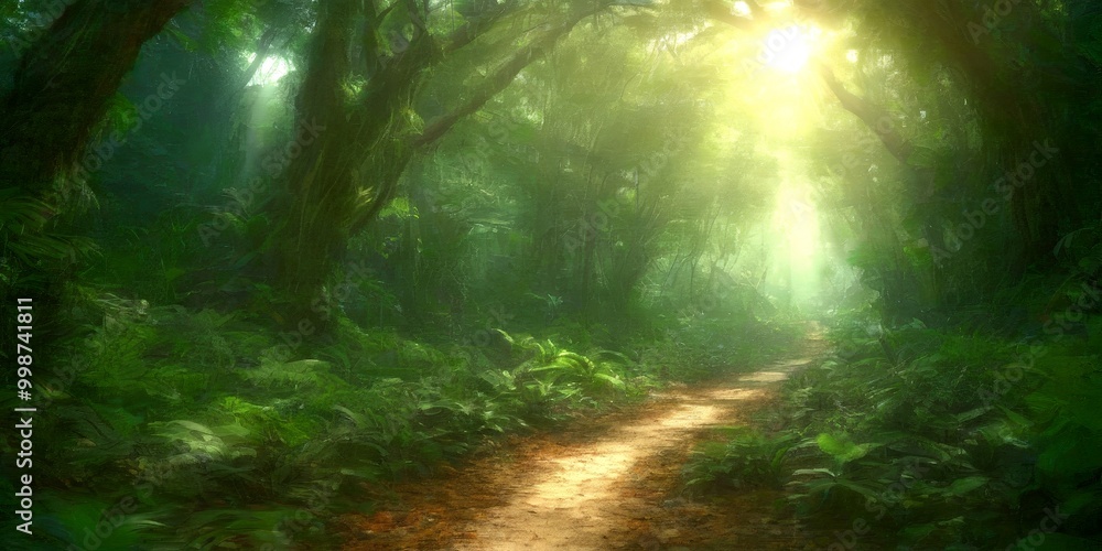 Poster A winding dirt path leads through a dense, lush forest, with sunlight filtering through the trees and casting a warm glow on the surrounding greenery