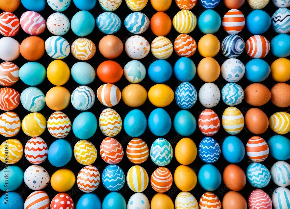 Aufkleber A vibrant array of Easter eggs in various colors and patterns, arranged in a grid-like pattern against a black background